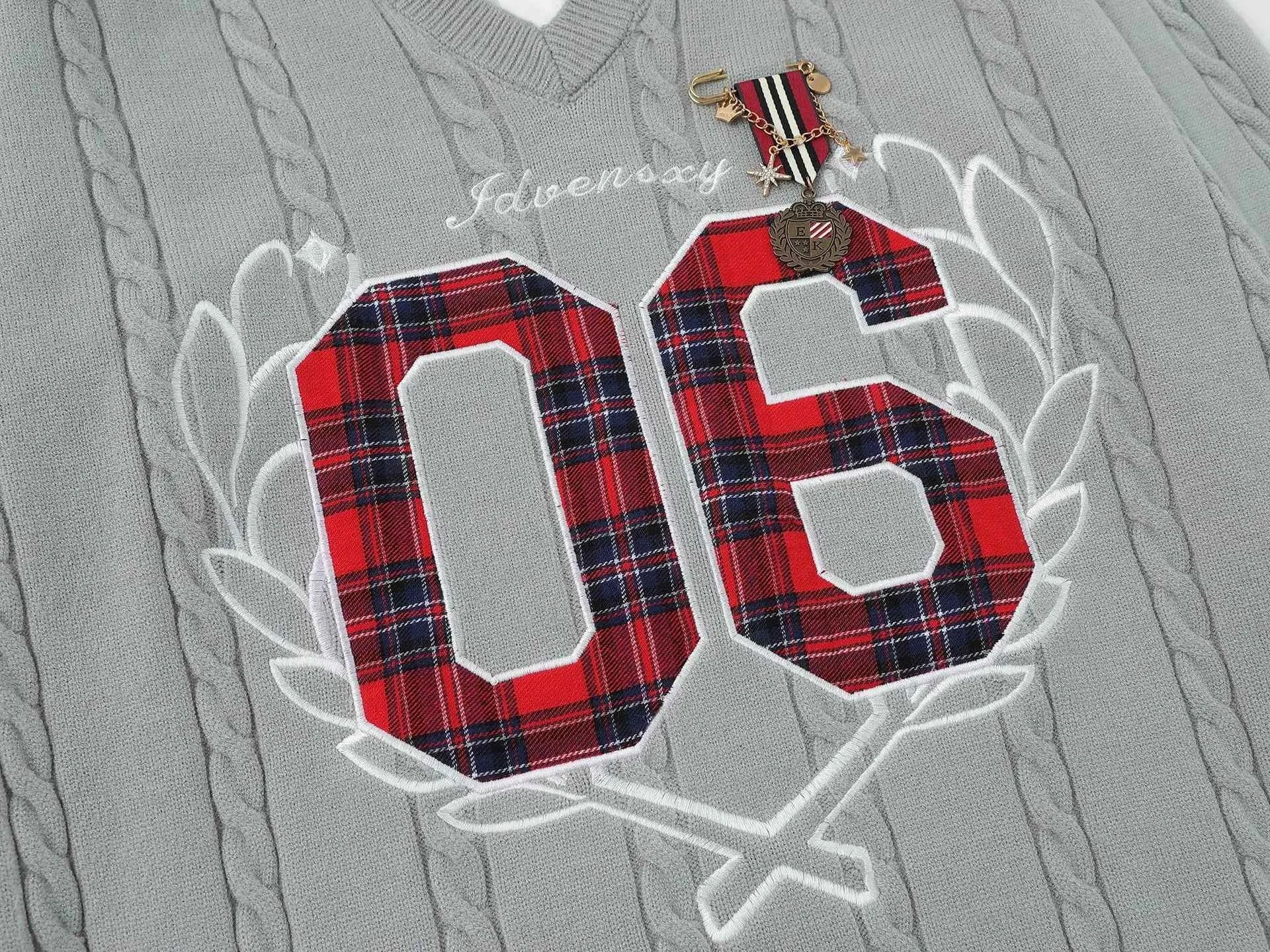Plaid Letter With Necktie Shirt Embroidery Sweater