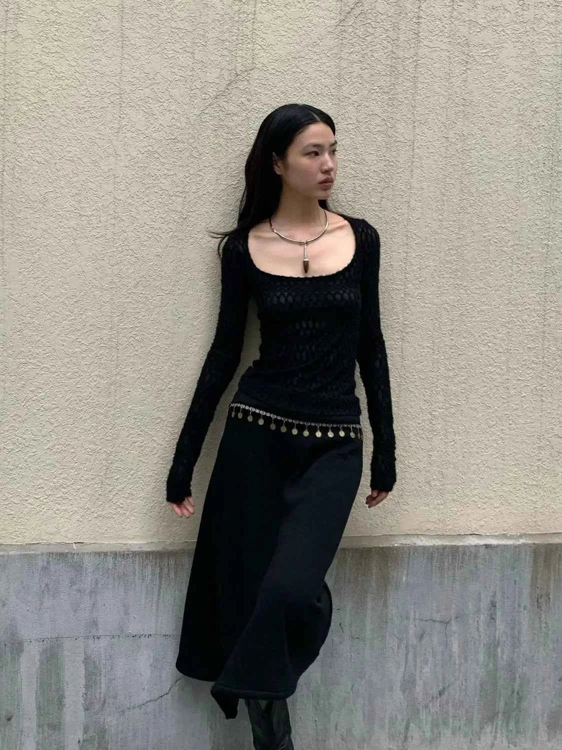 Yedinas Gothic Black Sheer Long T-Shirt