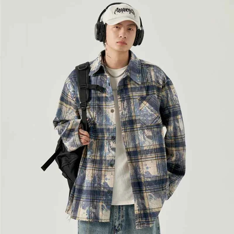 Men's Cool Vintage Autumn Tie Dye Plaid Shirt
