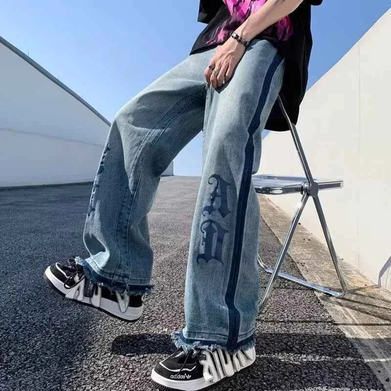 Streetwear Blue Goth Letter Print Cool Jeans