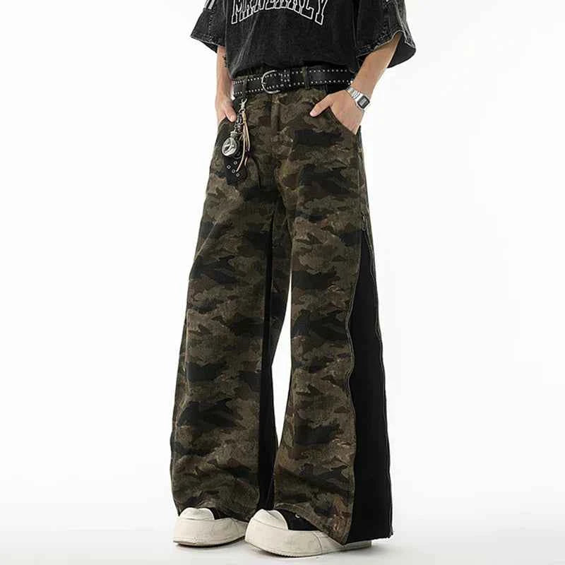American Style Zipper Split Camouflage Wide-Leg Jeans