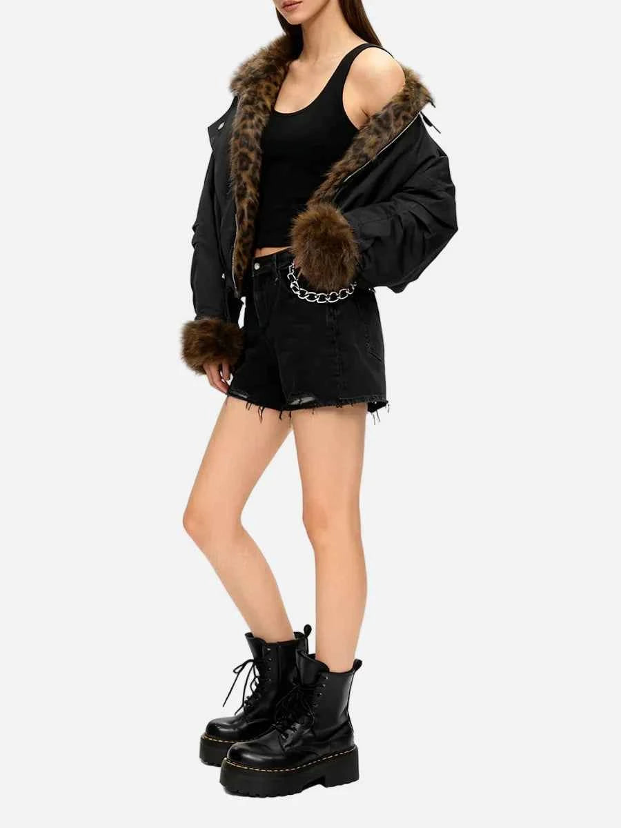 Leopard Spliced Lapel Faux Fur Belted Jacket