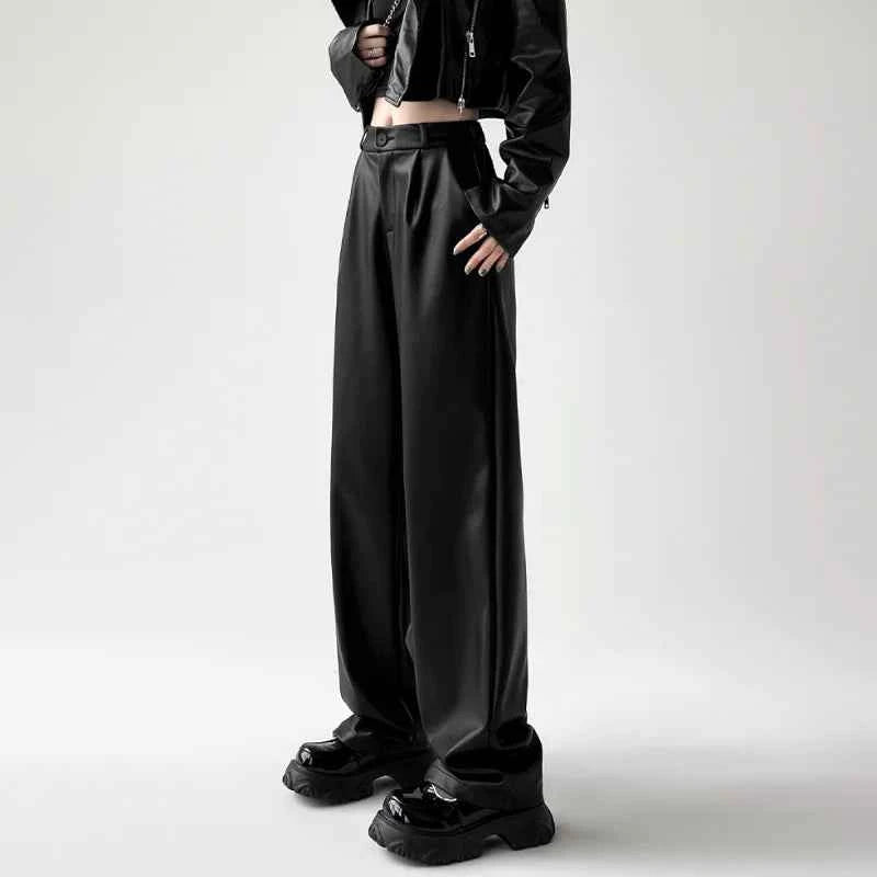 Retro Black Wide Leg Leather Pants