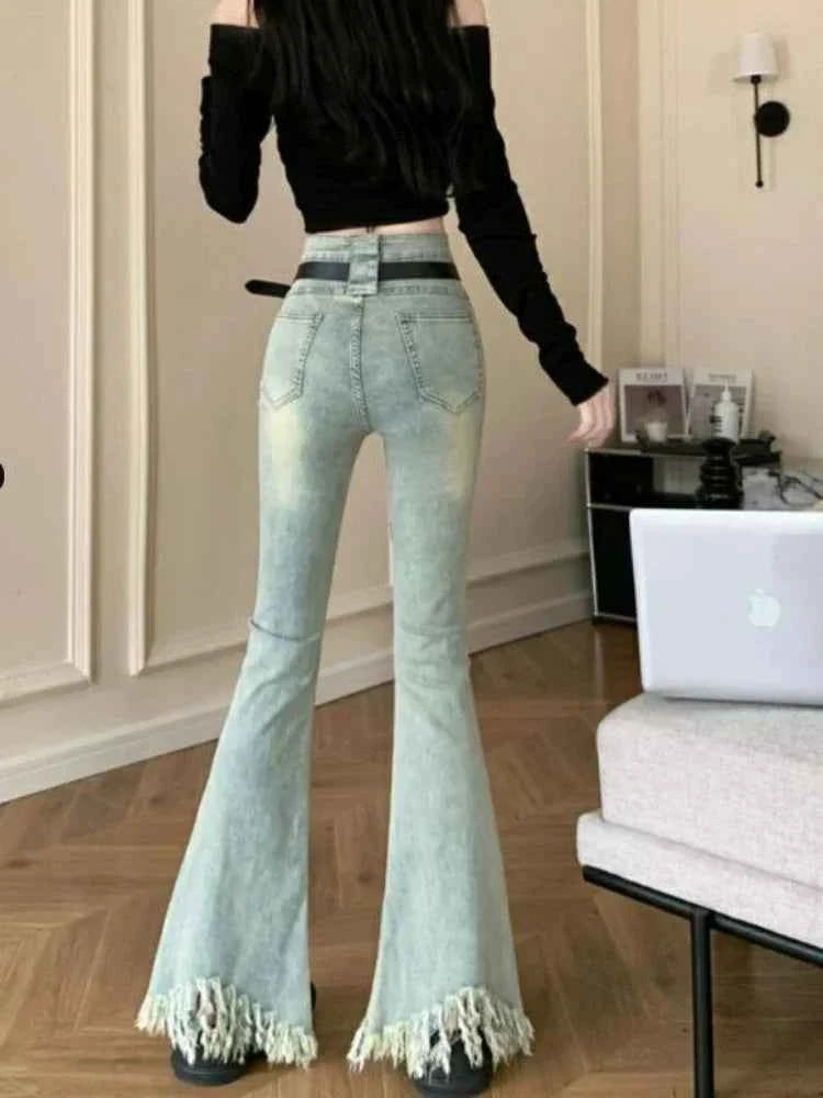 Women High Waist Tassel Denim Flare Jeans