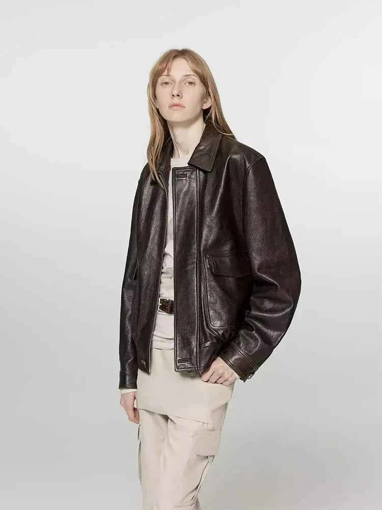 Women Brown Distressed PU Leather Jacket