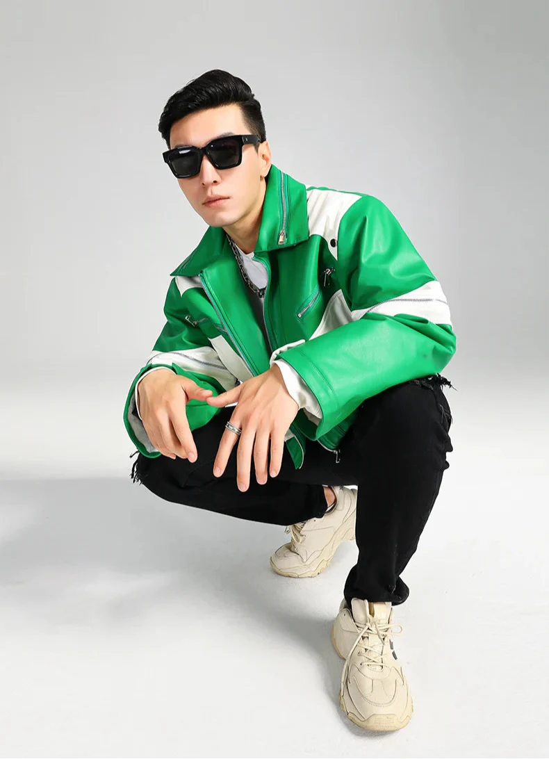 Cool Green Block Pu Leather Jacket - Luxuryurbanwear