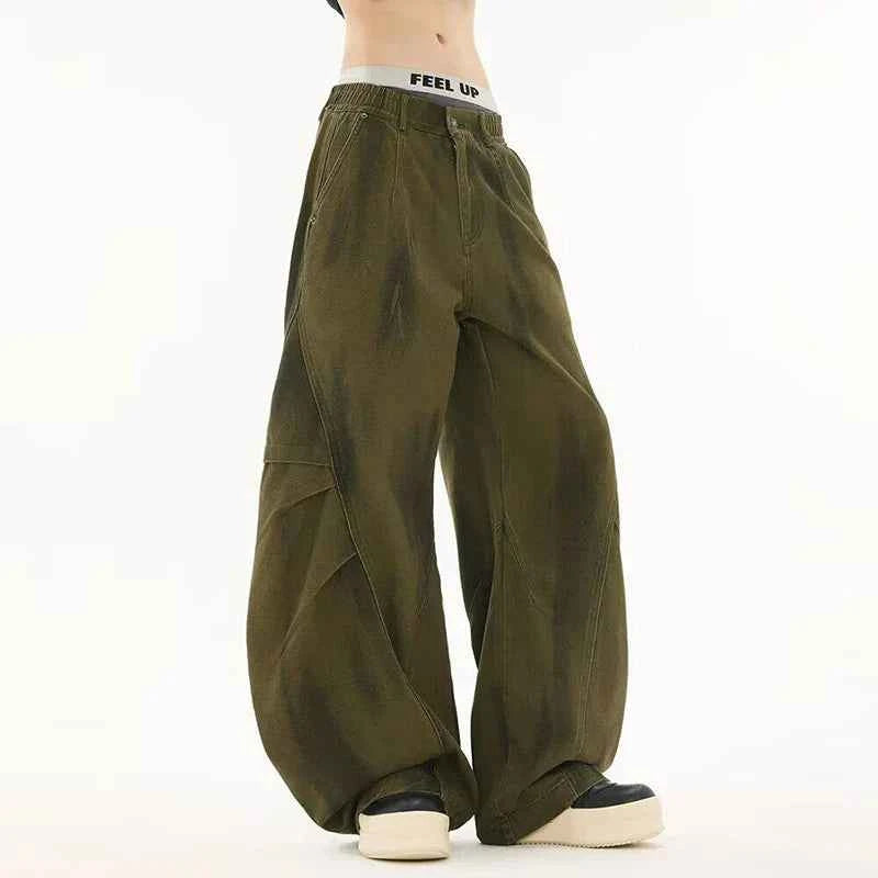 Contrast Green Casual Straight Wide Leg Jeans