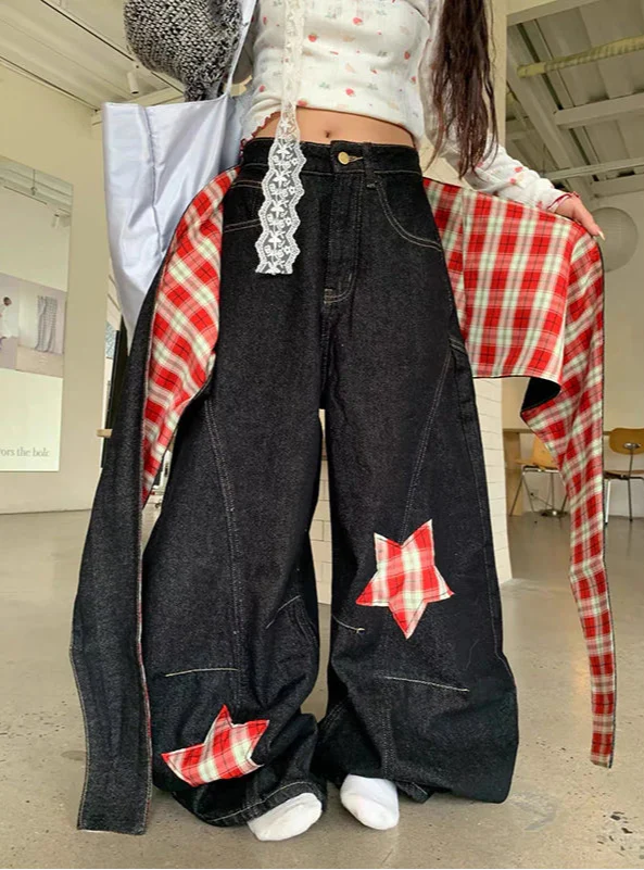 Autumn Durable Gothic Black Star Wide Leg Jeans - Luxuryurbanwear