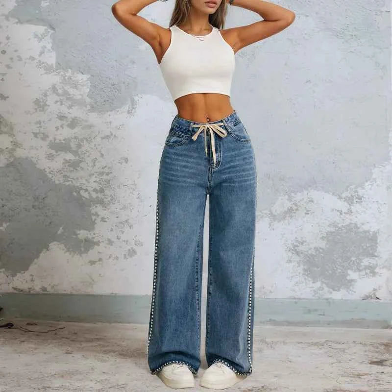 Graphic Fleece Beaded Wide Leg Denim Jeans