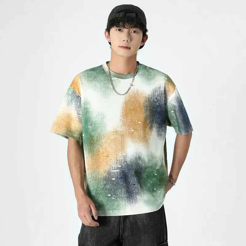 Trendy Tie Dye Ripped Hole Short Sleeve T-Shirt