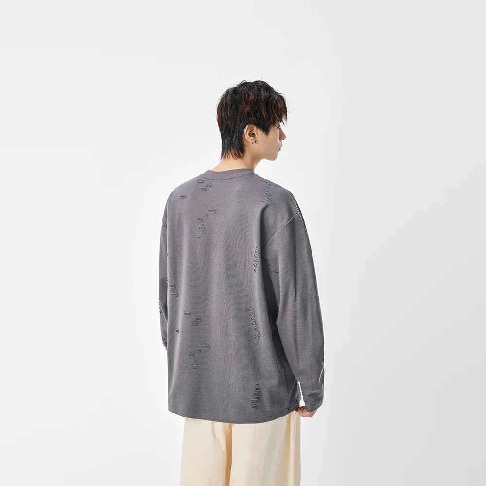 Distressed Solid Color Crew Neck Long Sleeve T-Shirt