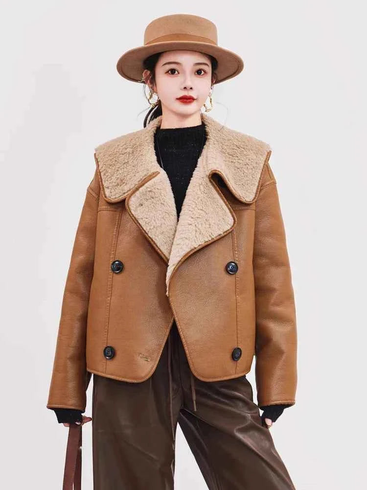 Women Warm Shearling Double Breasted Aviator Leather Jacket