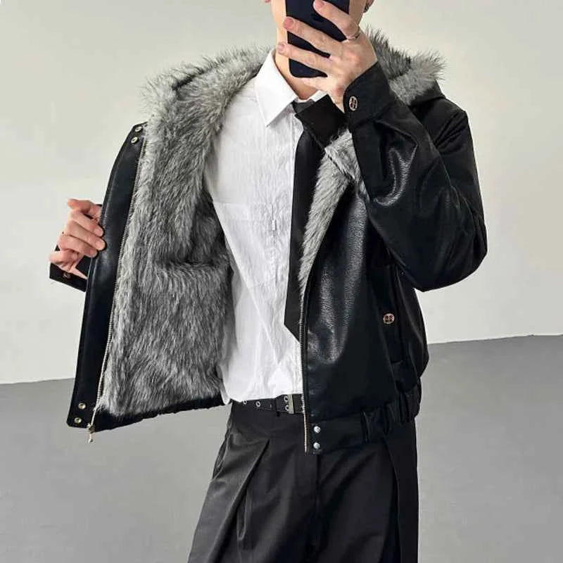 Soft Patchwork Hooded Faux Fur Leather Jacket