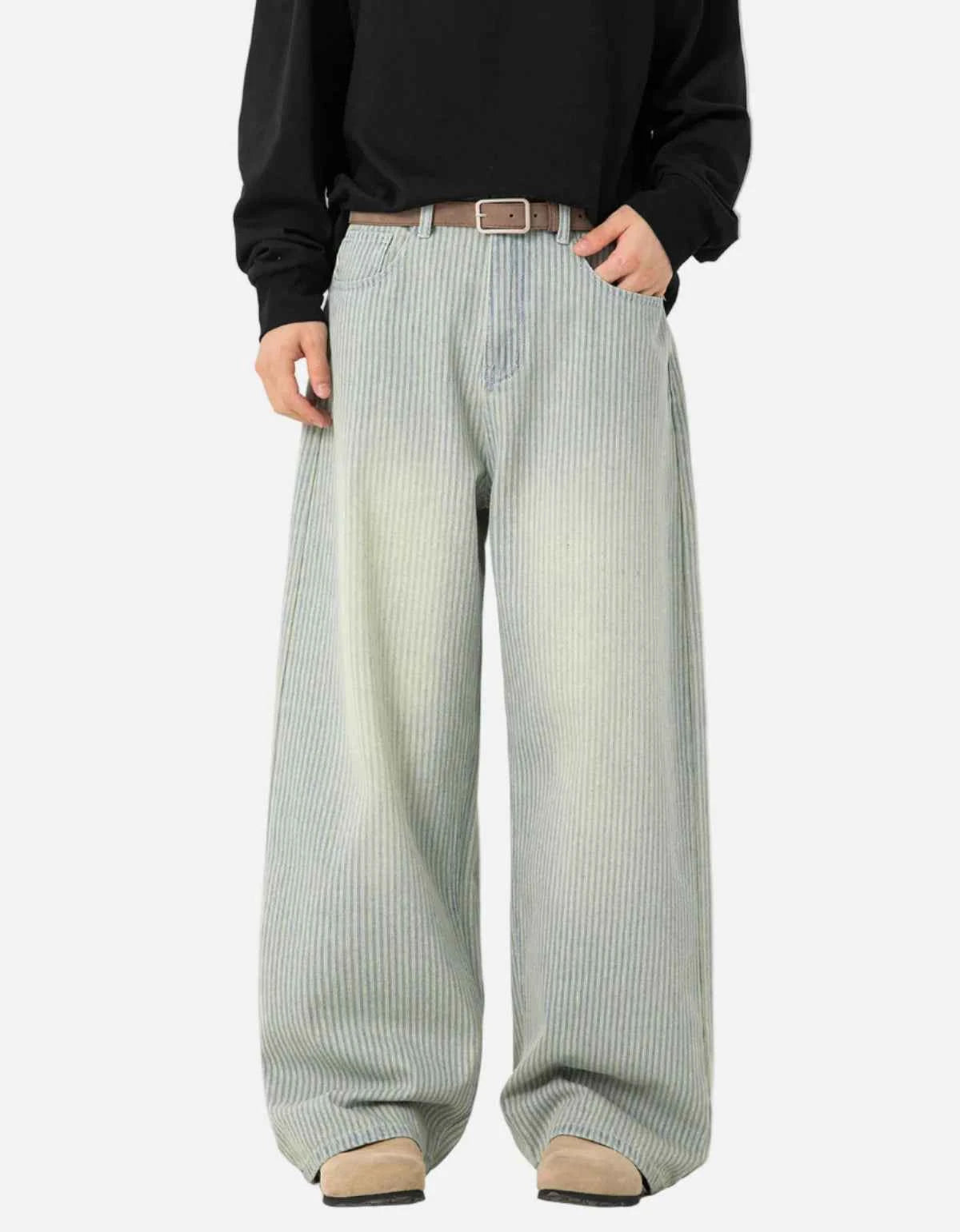 Streetwear Washed Relaxed Fit Striped Straight Leg Jeans