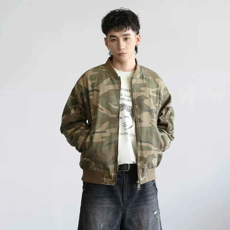 Vintage American Style Camo Baseball Bomber Jacket