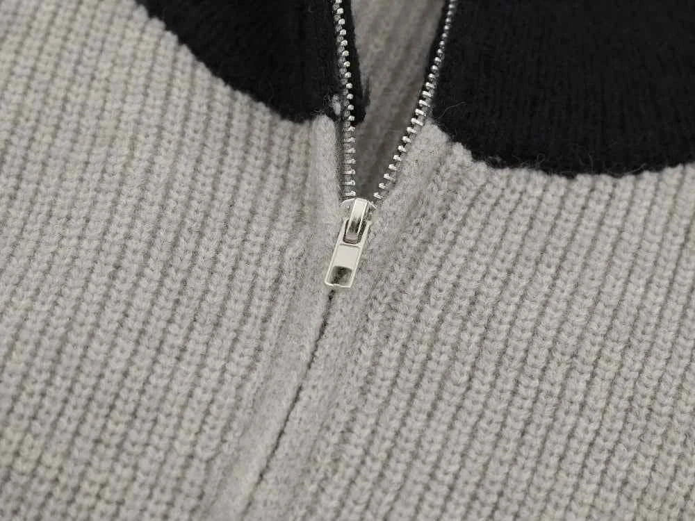 Contrast Paneled Letter Crew Neck Embroidered Cardigan
