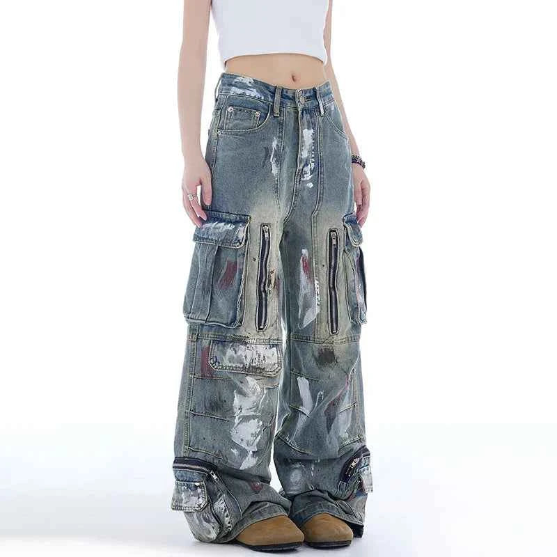 Cloud-Soft Graffiti Contrast Color Denim Jeans