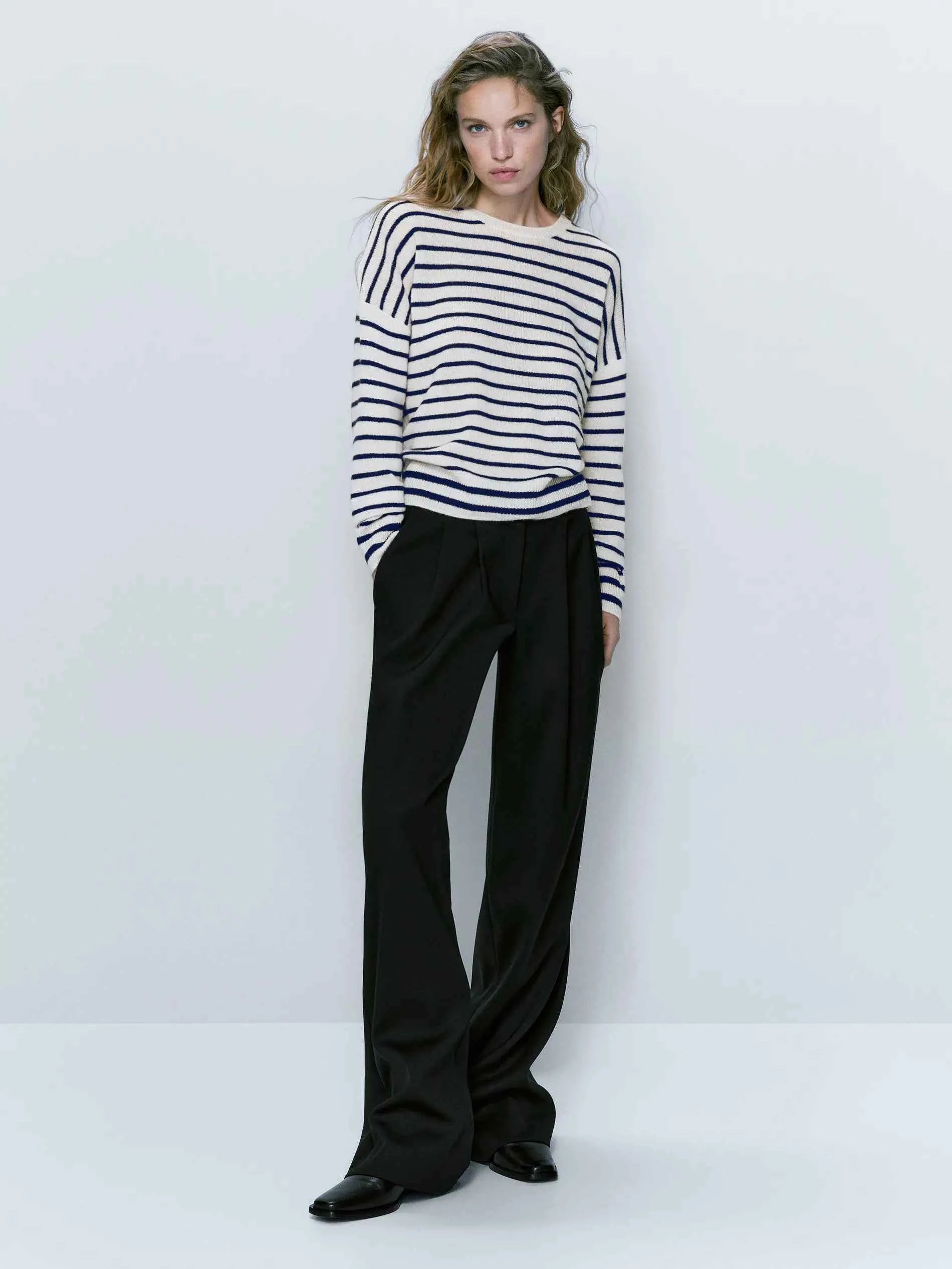 Women Retro Ethereal Stripe Crew Neck Sweater
