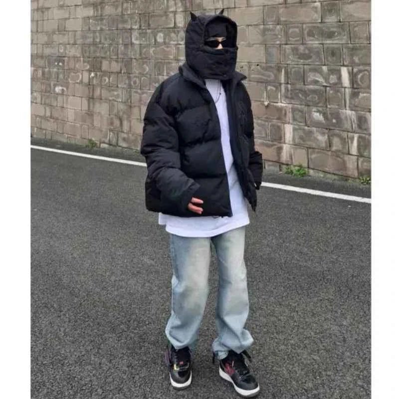 Warm Black Masked Neckline Hooded Puffer Jacket