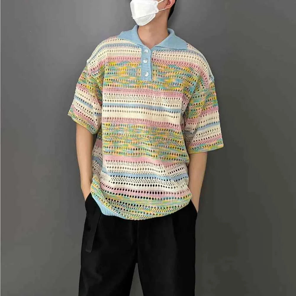Versatile Gradient Striped Knit Polo Sweater