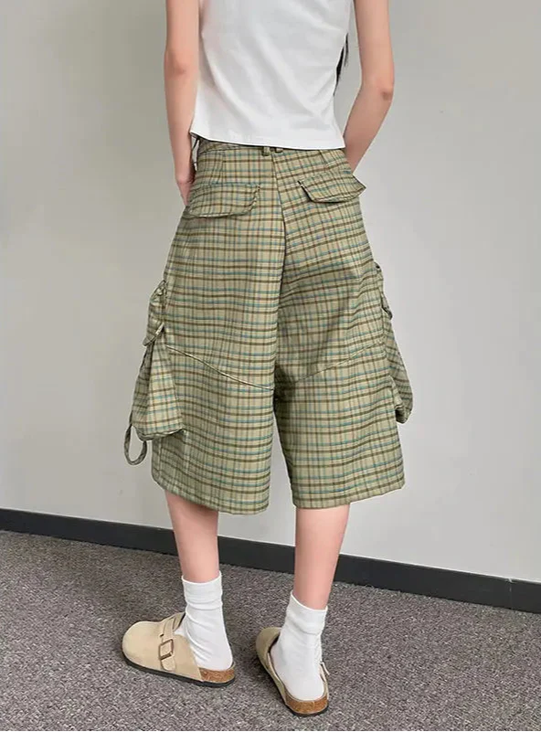 Comfortable Y2K Plaid Print High Waist Denim Cargo Short - Luxuryurbanwear