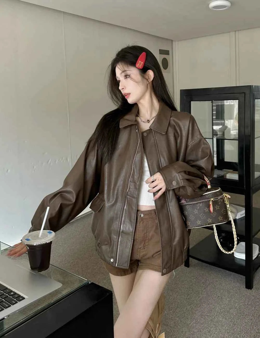 Women Retro Moto Bike Casual Style Leather Jacket