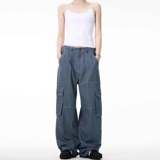 Vintage American Style Striped Cargo Jeans