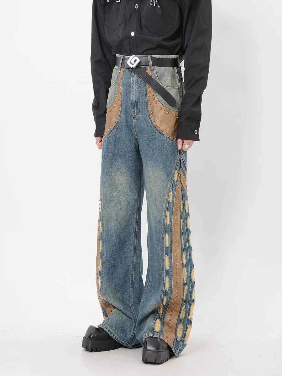 Vintage Distressed Studded Leather Patchwork Jeans