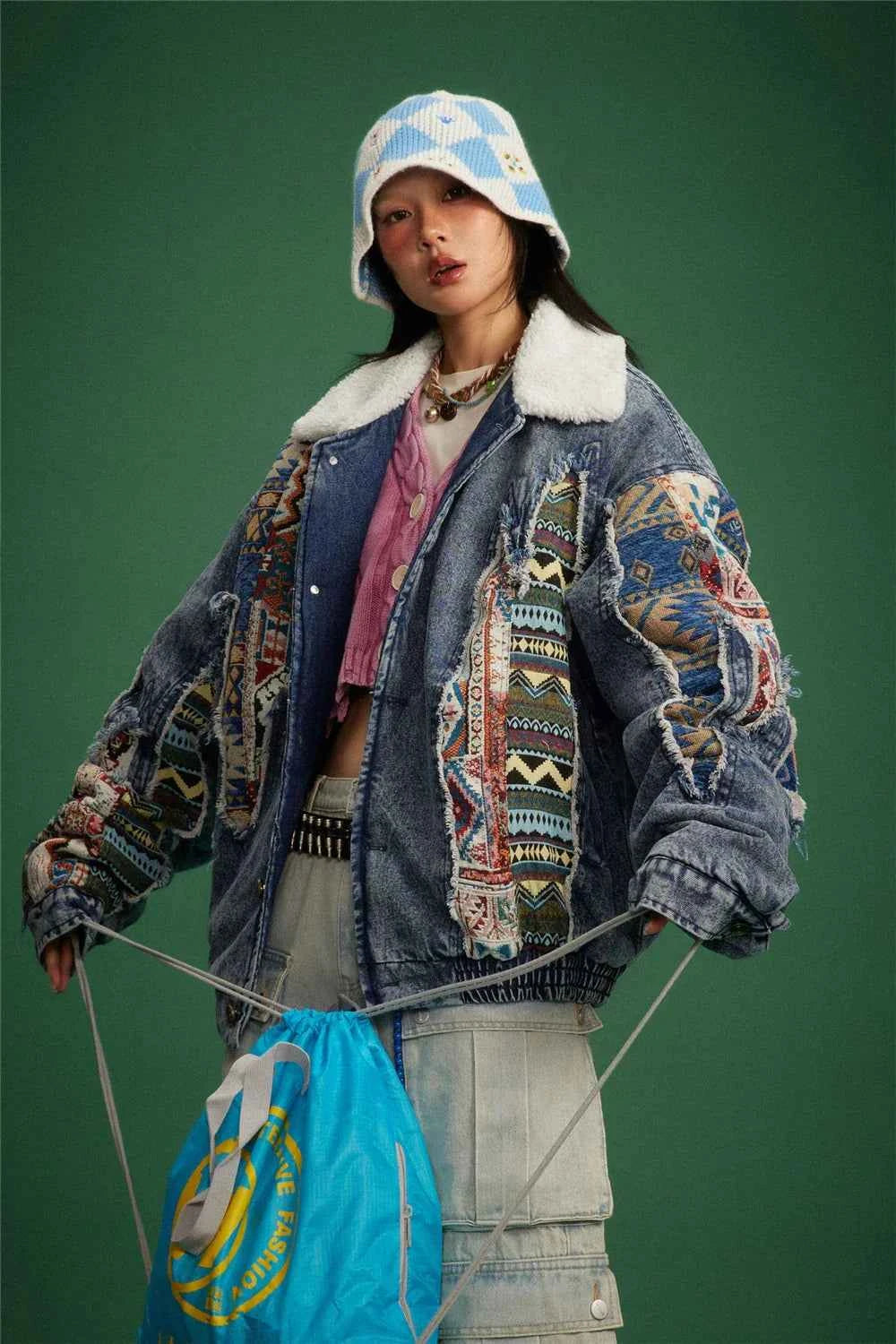Y2K Thick Winter Patchwork Denim Jacket
