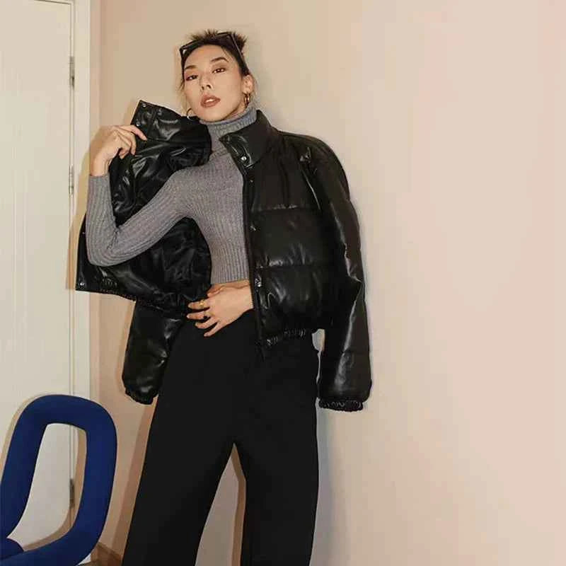 Women Stylish Black PU Winter Leather Jacket