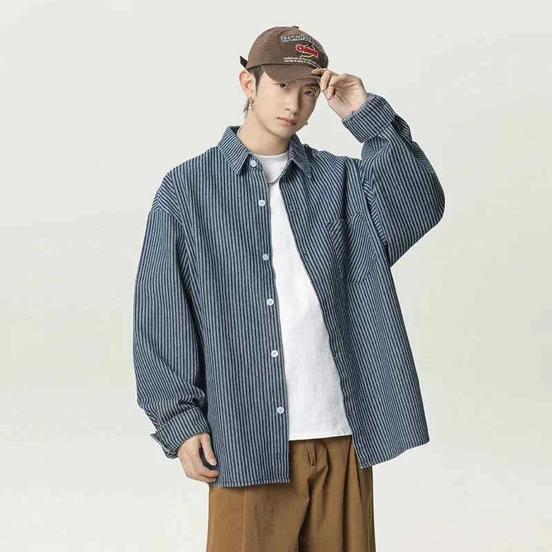 Stylish Oversized Blue Striped Denim Shirt