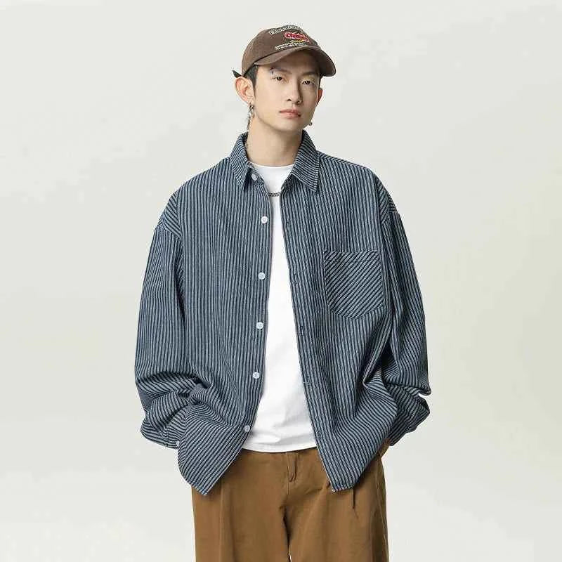 Stylish Oversized Blue Striped Denim Shirt