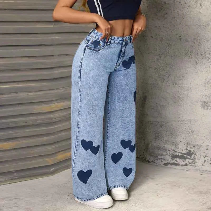 Y2K Heart Print Mid-Waisted Casual Jeans