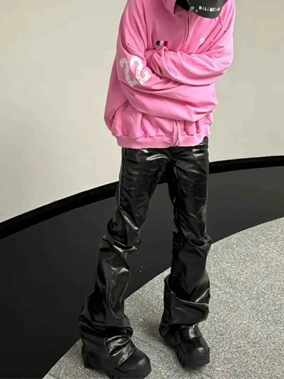 Streetwear Luxury Black Loose Flared Leather Pants