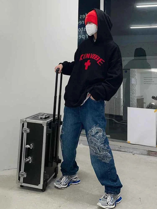 Dragon Embroidered Baggy Blue Wash Jeans