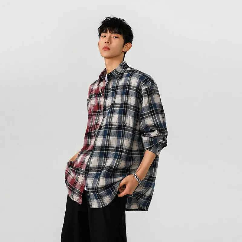 Streetwear Stylish Two Color Plaid Patchwork Cotton Long Shirt