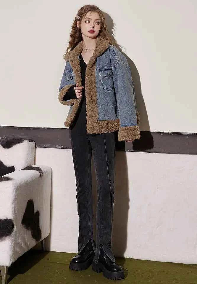 Women Stylish Warm Fleece Cowboy Denim Jacket
