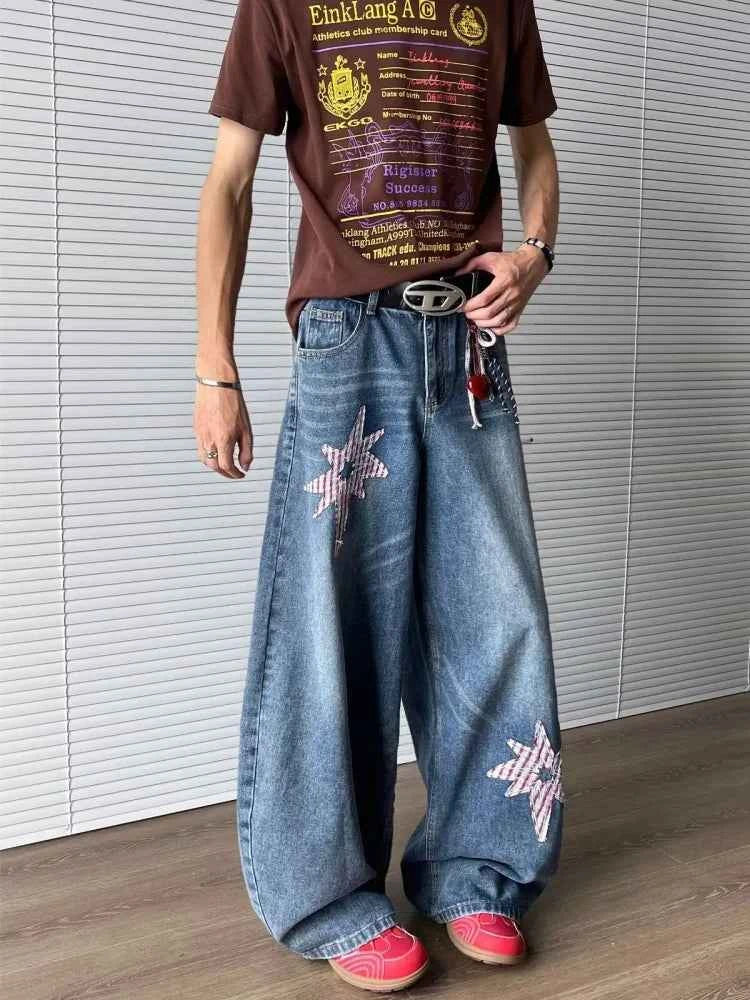 Star Embroidery Baggy Stacked Hip Hop Jeans