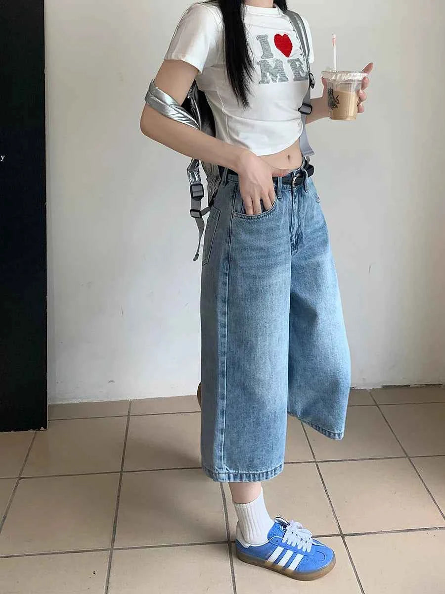 Versatile Blue Distressed Denim Baggy Jorts
