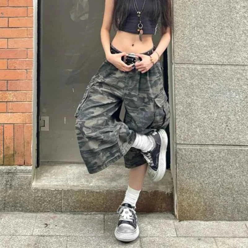 Streetwear Vintage camouflage denim high cargo Jorts