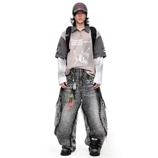 Men Classic Cut Burr Patchwork Baggy Jeans