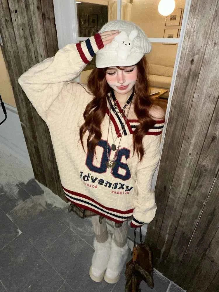 Cozy Vintage Letter Print Oversize Sweater