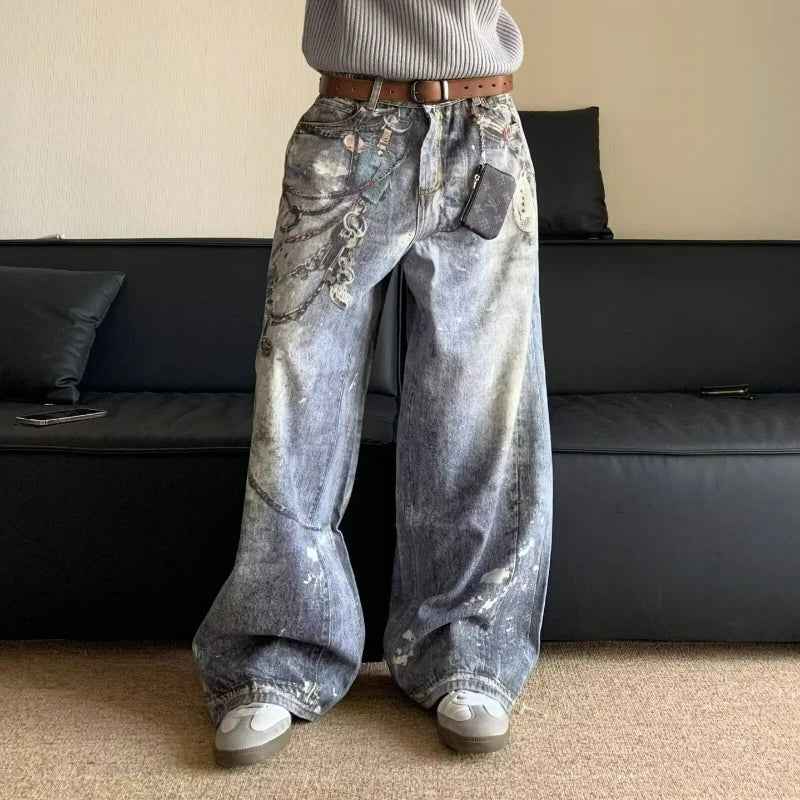 Retro Streetwear American Style Baggy Chain Jeans