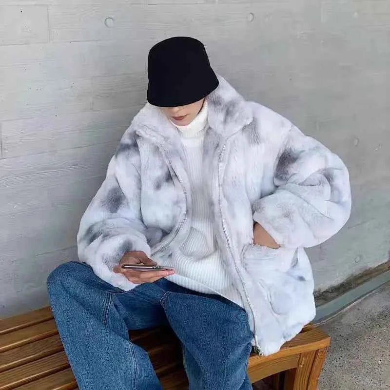 Warm Stand Collar Solid Wool Zipper Faux Fur Jacket