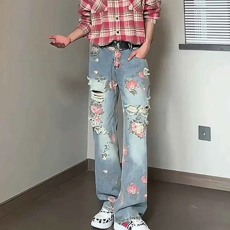 Retro Peony Flower Jacquard Ripped Jeans