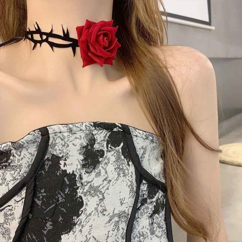 Gothic Black Rose Thorns Pendant Necklace