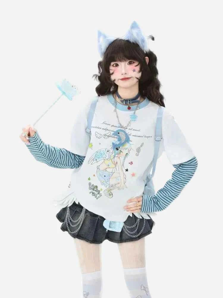 Sweet Autumn Fake Two Piece Cartoon Printed T-Shirt