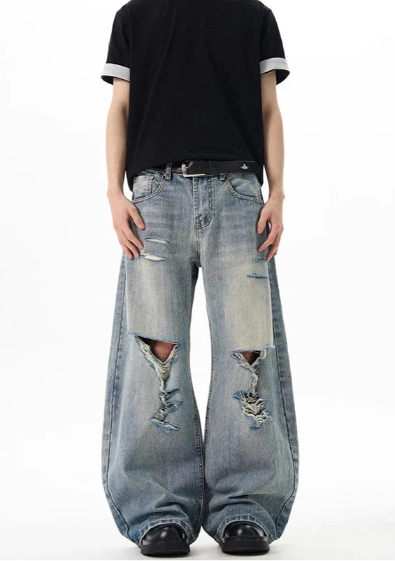 Vintage Blue Ripped Wide Leg Jeans - Luxuryurbanwear