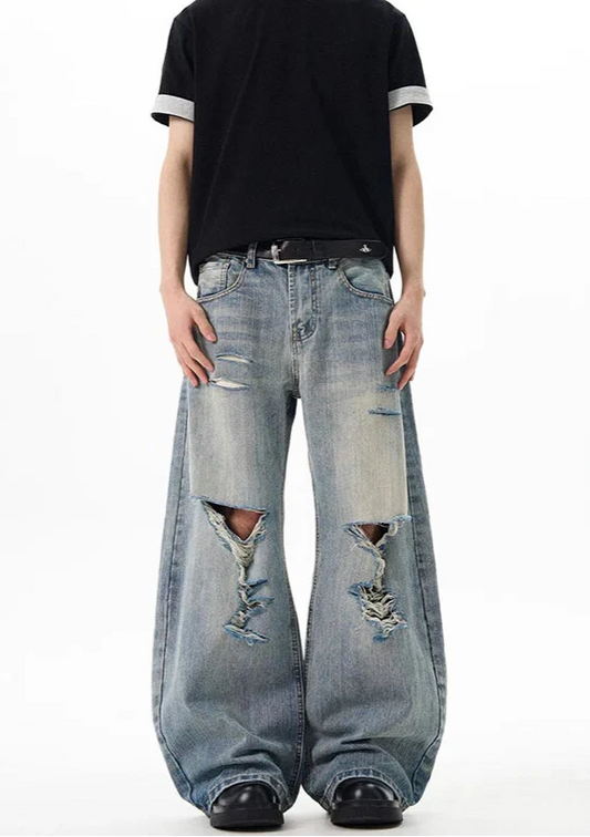 Vintage Blue Ripped Wide Leg Jeans - Luxuryurbanwear