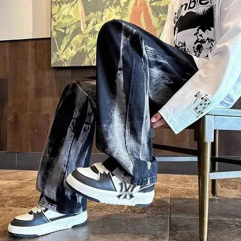 Y2k Cool Gothic Black Tie Dye Wide Jeans